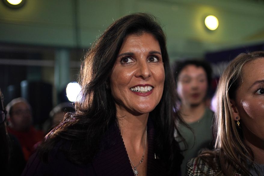 Republican presidential candidate Nikki Haley looks to supporters at a town hall campaign event, Thursday, Feb. 16, 2023, in Exeter, N.H. (AP Photo/Robert F. Bukaty)