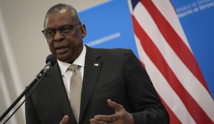 United States Secretary of Defense Lloyd Austin attends a joint press conference with Estonian Defense Minister Hanno Pevkur at the Ministry of Defense after their meeting in Tallinn, Estonia, Thursday, Feb. 16, 2023. (AP Photo/Sergei Grits) ** FILE **