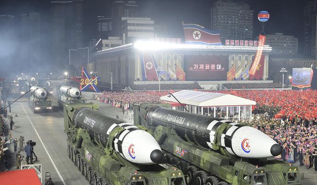 This photo provided by the North Korean government, shows what it says is Hwasong-17 intercontinental ballistic missiles during a military parade to mark the 75th founding anniversary of the Korean People&#x27;s Army on Kim Il Sung Square in Pyongyang, North Korea, Wednesday, Feb. 8, 2023. Independent journalists were not given access to cover the event depicted in this image distributed by the North Korean government. The content of this image is as provided and cannot be independently verified. Korean language watermark on image as provided by source reads: &quot;KCNA&quot; which is the abbreviation for Korean Central News Agency. (Korean Central News Agency/Korea News Service via AP, File)