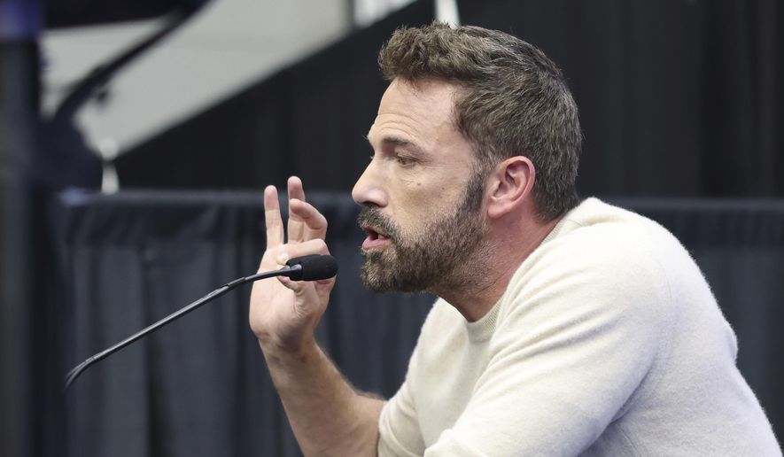 Actor, writer and director Ben Affleck addresses the media regarding his new Michael Jordon movie "Air" at an NBA basketball All-Star event Friday, Feb. 17, 2023, in Salt Lake City. (AP Photo/Rob Gray)