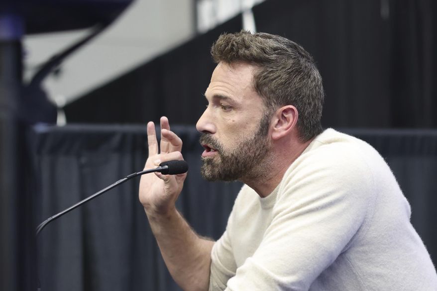 Actor, writer and director Ben Affleck addresses the media regarding his new Michael Jordon movie "Air" at an NBA basketball All-Star event Friday, Feb. 17, 2023, in Salt Lake City. (AP Photo/Rob Gray)