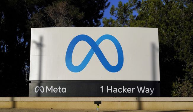 Meta&#x27;s logo can be seen on a sign at the company&#x27;s headquarters in Menlo Park, Calif., Nov. 9, 2022. (AP Photo/Godofredo A. Vásquez, File)
