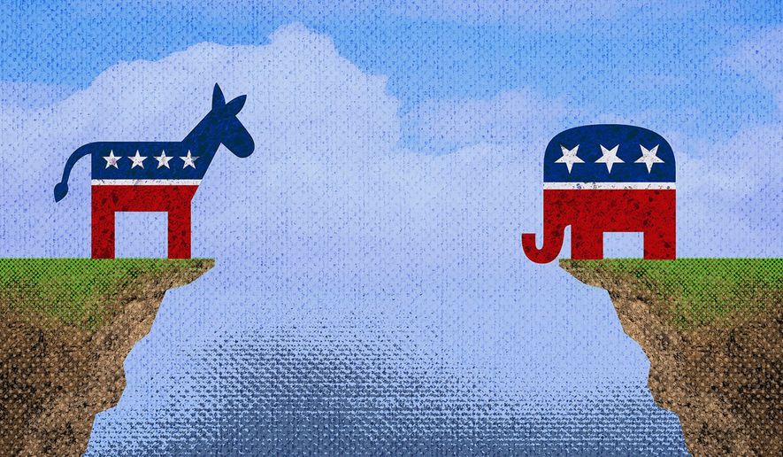 Illustration on the divide between the Democrats and Republicans by Greg Groesch/The Washington Times
