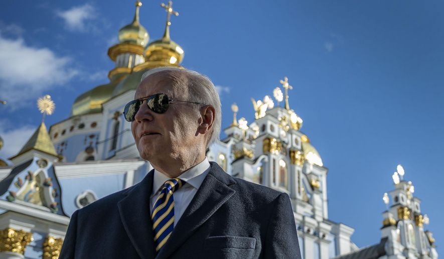President Joe Biden walks at St. Michael&#x27;s Golden-Domed Cathedral on a surprise visit, Monday, Feb. 20, 2023, in Kyiv. (Ukrainian Presidential Press Office via AP)