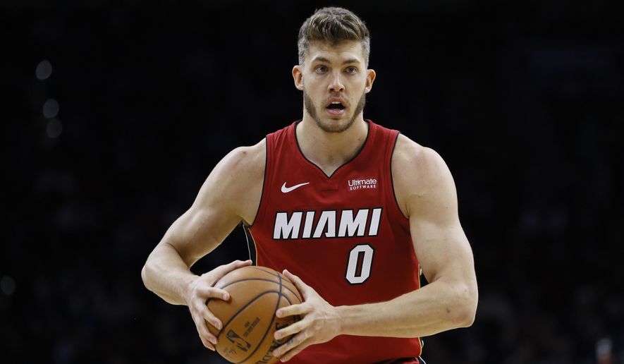 Miami Heat&#x27;s Meyers Leonard plays during an NBA basketball game against the Philadelphia 76ers, Wednesday, Dec. 18, 2019, in Philadelphia. Meyers Leonard is getting another chance at the NBA, nearly two years after he used an anti-Semitic slur while playing a video game that was being livestreamed. A person with knowledge of the negotiations said Leonard and the Milwaukee Bucks have agreed on a 10-day contract, Monday, Feb. 20, 2023. (AP Photo/Matt Slocum, File)