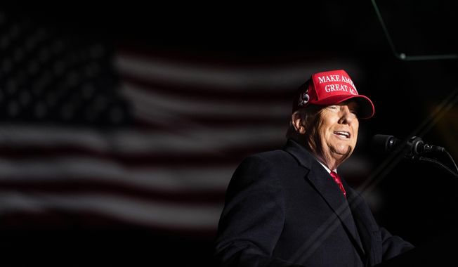 Former President Donald Trump speaks during a rally, Nov. 3, 2022, in Sioux City, Iowa. Republican presidential prospects are streaming into Iowa, the leadoff presidential caucus state. Notably absent from the lineup, at least for now, is Trump who carried the state twice, by healthy margins, as the Republican presidential nominee in the 2016 and 2020 elections. (AP Photo/Charlie Neibergall) **FILE**