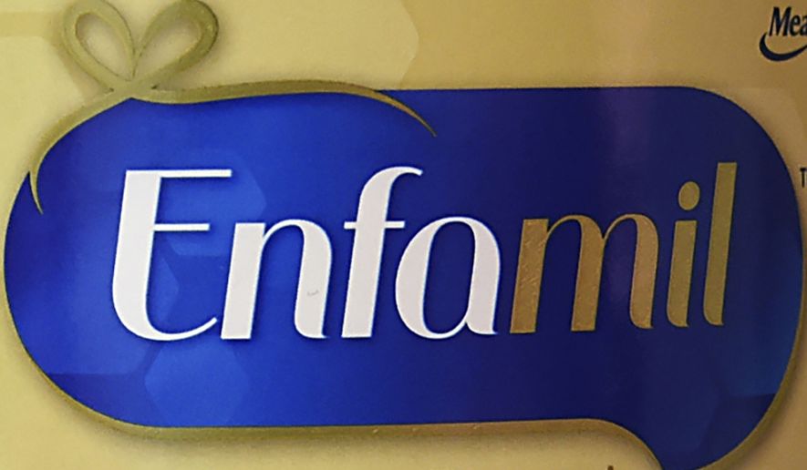 This June 8, 2015, photo shows the logo for Enfamil, in Monroe, Mich. The maker of Enfamil baby formula announced a recall, Tuesday, Feb. 21, 2023, of about 145,000 cans of infant formula due to the possibility of cross-contamination with a bacteria that can live in dry foods.   (Tom Hawley/The Monroe News via AP) **FILE**