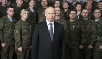 President Vladimir Putin speaks in his annual televised New Year&#x27;s message after a ceremony during a visit to the headquarters of the Southern Military District, at an unknown location in Russia, Dec. 31, 2022. American and allied sanctions and export controls are constraining Russia’s ability to wage war on Ukraine by degrading its military, a top Treasury Department official says. (Mikhail Klimentyev, Sputnik, Kremlin Pool Photo via AP, File)