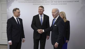 President Joe Biden is greeted by from left, Polish President Andrzej Duda, Romania President Klaus Werner Iohannis, Biden, and Slovakia President Suzana Caputova, right, as he arrives, Wednesday, Feb. 22, 2023, at the Presidential Palace in Warsaw, for talks with leaders from the Bucharest Nine, a collection of nations on the most eastern parts of the NATO alliance that came together in response to Russian President Vladimir Putin&#x27;s 2014 annexation of Crimea from Ukraine. (AP Photo/ Evan Vucci)