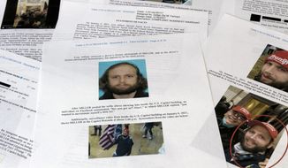FILE - A statement of facts document presented to the United States District Court in the case against Garret Miller is photographed, March 29, 2021. (AP Photo/Jon Elswick, File)