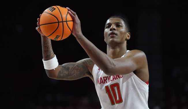 Maryland forward Julian Reese shoots against Minnesota during the second half of an NCAA college basketball game, Wednesday, Feb. 22, 2023, in College Park, Md. Maryland won 88-70. (AP Photo/Julio Cortez) **FILE**