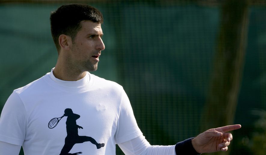 Serbian tennis player Novak Djokovic speaks and gestures during his open practise session in Belgrade, Serbia, Wednesday, Feb. 22, 2023. Djokovic said Wednesday he still hopes US border authorities would allow him entry to take part in two ATP Masters tennis tournaments despite being unvaccinated against the coronavirus. (AP Photo/Darko Vojinovic) **FILE**