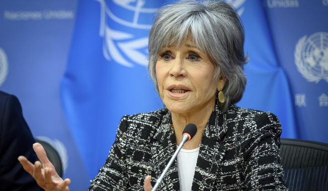 Actor Jane Fonda briefs reporters on expectations for the new High Seas Treaty, Tuesday, Feb. 21, 2023, at United Nations headquarters. (Loey Felipe/United Nations Photo via AP)