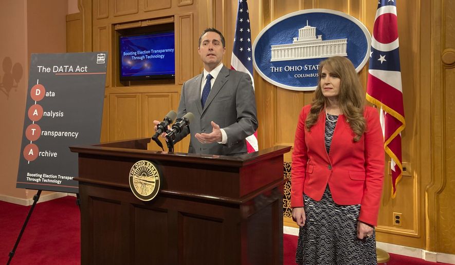 Republican Ohio Secretary of State Frank LaRose and GOP state Sen. Theresa Gavarone appear at a Wednesday, Feb. 22, 2023, news conference at the Ohio Statehouse in Columbus, Ohio, to discuss a proposal to clarify and standardize the way election data is organized, stored and shared across the state. (AP Photo/Julie Carr Smyth)