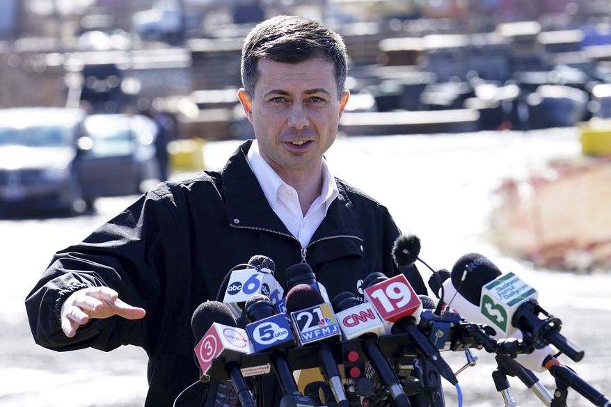 Transportation Secretary Pete Buttigieg speaks during a news conference near the site of the Feb. 3 Norfolk Southern train derailment in East Palestine, Ohio, Thursday, Feb. 23, 2023. (AP Photo/Matt Freed) ** FILE **