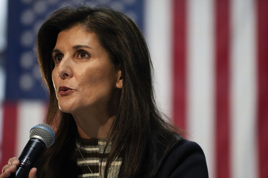 Republican presidential candidate Nikki Haley speaks to voters at a town hall campaign event, Monday, Feb. 20, 2023, in Urbandale, Iowa. (AP Photo/Charlie Neibergall)