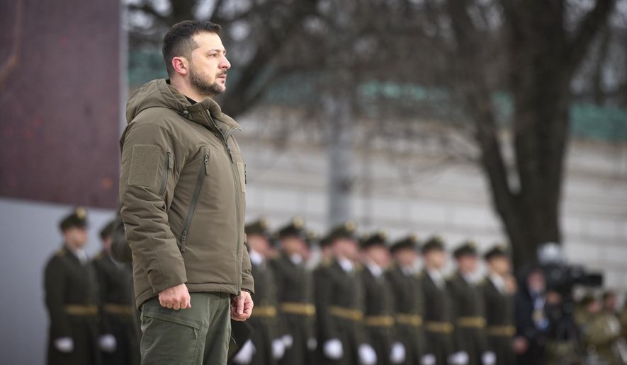 Ukrainian President Volodymyr Zelenskyy attends a commemorative event on the occasion of the Russia Ukraine war one year anniversary, in Kyiv, Ukraine, Friday, Feb. 24, 2023. (Ukrainian Presidential Press Office via AP)