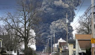 A plume rises over East Palestine, Ohio, as a result of the controlled detonation of a portion of the derailed Norfolk Southern trains, Feb. 6, 2023. After the catastrophic train car derailment in East Palestine, Ohio, some officials are raising concerns about a type of toxic substance that tends to stay in the environment. (AP Photo/Gene J. Puskar, File)