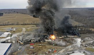 This photo taken with a drone shows portions of a Norfolk Southern freight train that derailed Friday night in East Palestine, Ohio are still on fire at mid-day Saturday, Feb. 4, 2023. Toxic wastewater used to extinguish a fire following a train derailment in Ohio is headed to a Houston suburb for disposal. Harris County Judge Lina Hidalgo says “firefighting water” from the East Palestine, Ohio train derailment is to be disposed of in the county and she is seeking more information.(AP Photo/Gene J. Puskar) ** FILE **