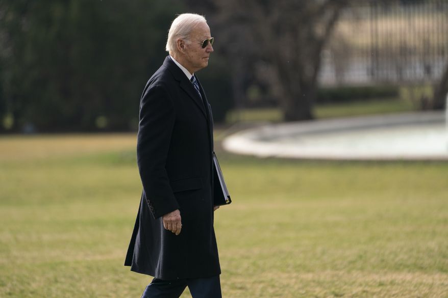 President Joe Biden arrives on the South Lawn of the White House after spending the weekend at his Wilmington, Del., home, Monday, Feb. 27, 2023, in Washington. (AP Photo/Evan Vucci)