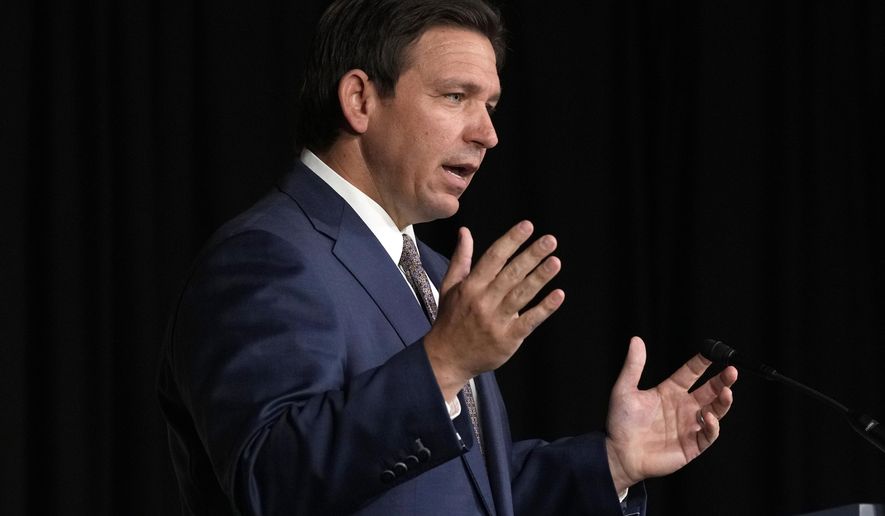 Florida Gov. Ron DeSantis speaks, Feb. 15, 2023, at Palm Beach Atlantic University in West Palm Beach, Fla. Gov. DeSantis has signed a bill to give himself control of Walt Disney World’s self-governing district, punishing the company over its opposition to the so-called “Don’t Say Gay” law. The bill requires DeSantis, a Republican, to appoint a five-member board to oversee the government services that the Disney district provides in its sprawling theme park properties in Florida. The governor signed the legislation on Monday, Feb. 27, 2023. (AP Photo/Wilfredo Lee) **FILE**