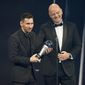 Argentina&#x27;s Lionel Messi receives the Best FIFA Men&#x27;s player award from FIFA president Gianni Infantino during the ceremony of the Best FIFA Football Awards in Paris, France, Monday, Feb. 27, 2023. (AP Photo/Michel Euler)