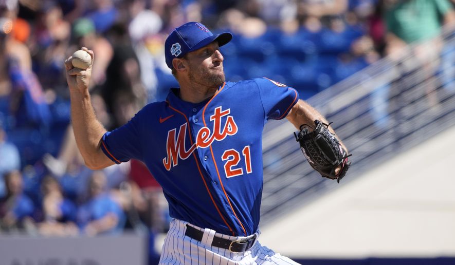New York Mets starting pitcher Max Scherzer throws during the first inning of a spring training baseball game against the Washington Nationals Sunday, Feb. 26, 2023, in Port St. Lucie, Fla. (AP Photo/Jeff Roberson) **FILE**