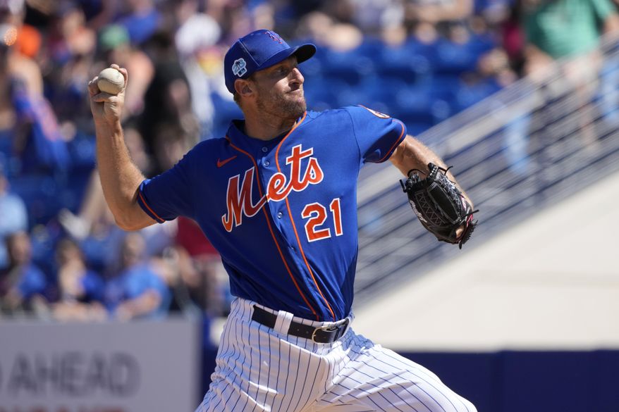 New York Mets starting pitcher Max Scherzer throws during the first inning of a spring training baseball game against the Washington Nationals Sunday, Feb. 26, 2023, in Port St. Lucie, Fla. (AP Photo/Jeff Roberson) **FILE**