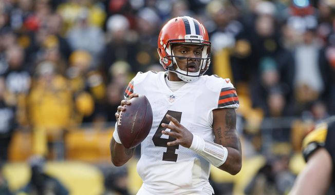 Cleveland Browns quarterback Deshaun Watson (4) looks to pass during an NFL football game, Sunday, Jan. 8, 2023, in Pittsburgh, Pa. Cleveland general manager Andrew Berry indicated, Tuesday, Feb. 28, 2023, the team may restructure the five-year, $230 million deal it used to entice Watson to agree to a trade from Houston to the Browns one year ago. (AP Photo/Matt Durisko, File) **FILE**