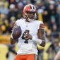 Cleveland Browns quarterback Deshaun Watson (4) looks to pass during an NFL football game, Sunday, Jan. 8, 2023, in Pittsburgh, Pa. Cleveland general manager Andrew Berry indicated, Tuesday, Feb. 28, 2023, the team may restructure the five-year, $230 million deal it used to entice Watson to agree to a trade from Houston to the Browns one year ago. (AP Photo/Matt Durisko, File) **FILE**