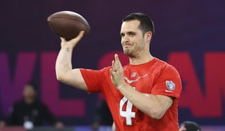 Derek Carr (4) of the Las Vegas Raiders competes in the Precision Passing event during the Pro Bowl Games skills events, Thursday, Feb. 2, 2023, in Henderson, Nev. (Gregory Payan/AP Images for NFL) ** FILE **