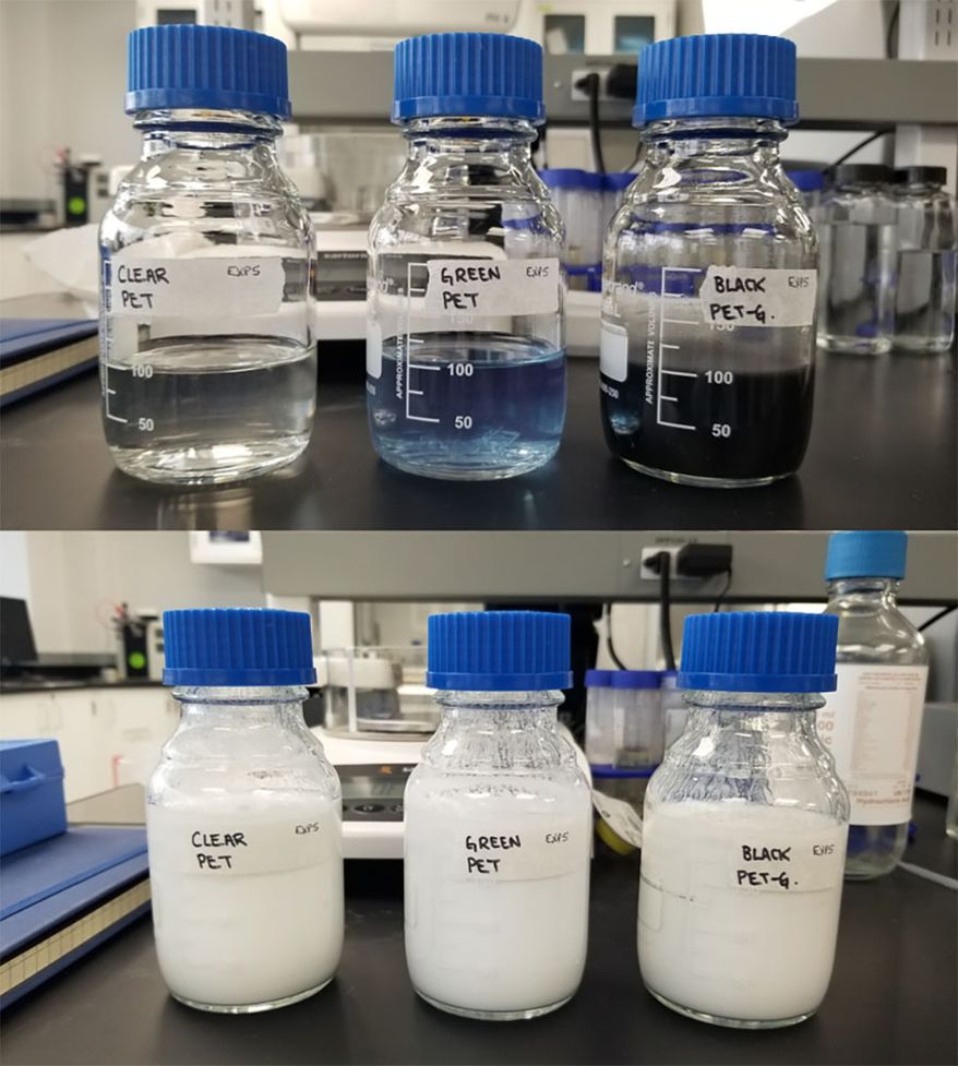 (Top) The reactant solvent used in the depolymerization process. (Bottom) Monomers depolymerized from PET. Photo courtesy of Denovia Labs (SPONSORED)