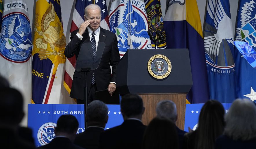 President Joe Biden is applauded after speaking at the Department of Homeland Security&#x27;s 20th anniversary ceremony in Washington, Wednesday, March 1, 2023. (AP Photo/Susan Walsh)