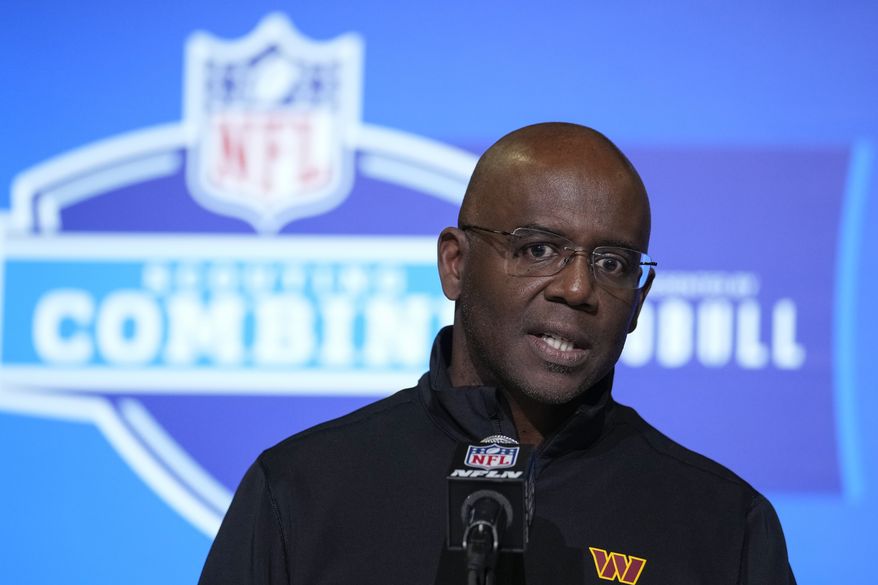 Washington Commanders general manager Martin Mayhew speaks during a press conference at the NFL football scouting combine in Indianapolis, Wednesday, March 1, 2023. (AP Photo/Michael Conroy)