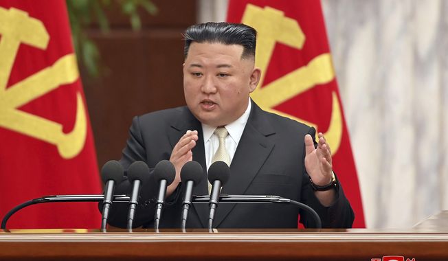 In this photo taken between Feb. 26 and March 1, 2023, and provided by the North Korean government, North Korean leader Kim Jong-un speaks during a meeting of the ruling Workers’ Party at its headquarters in Pyongyang, North Korea. Independent journalists were not given access to cover the event depicted in this image distributed by the North Korean government. The content of this image is as provided and cannot be independently verified. Korean language watermark on image as provided by source reads: &quot;KCNA&quot; which is the abbreviation for Korean Central News Agency. (Korean Central News Agency/Korea News Service via AP) ** FILE **