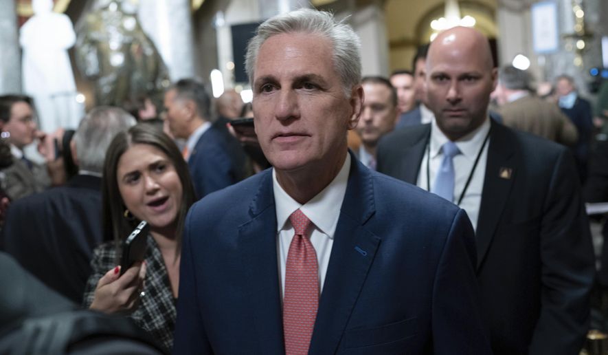 Speaker of the House Kevin McCarthy, R-Calif., leaves the House Chamber after President Joe Biden&#x27;s State of the Union address to a joint session of Congress at the Capitol, Tuesday, Feb. 7, 2023, in Washington. (AP Photo/Jose Luis Magana)
