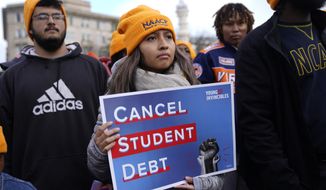 Student debt relief advocates gather outside the Supreme Court on Capitol Hill in Washington, Tuesday, Feb. 28, 2023.. Arguments at the Supreme Court over President Joe Biden&#x27;s student debt cancellation left some borrowers feeling isolated as they heard such a personal subject reduced to cold legal language. (AP Photo/Patrick Semansky)