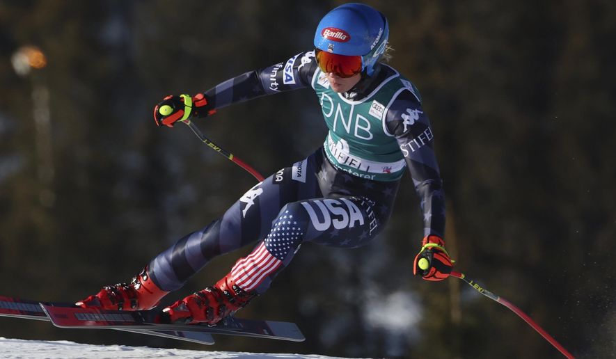 United States&#x27; Mikaela Shiffrin speeds down the course during an alpine ski, women&#x27;s World Cup downhill training in Kvitfjell, Norway, Thursday, March 2, 2023. (AP Photo/Marco Trovati)