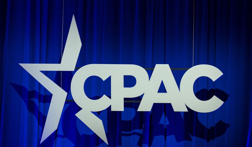 The CPAC logo is seen at the Conservative Political Action Conference, CPAC 2023, Saturday, March 4, 2023, at National Harbor in Oxon Hill, Md. (AP Photo/Alex Brandon)