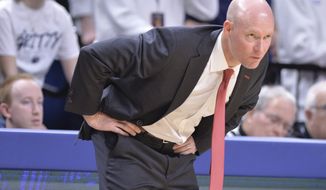 Maryland coach Kevin Willard watches the action on the court during the second half of an NCAA college basketball game with Penn State, Sunday, March 5, 2023, in State College, Pa. (AP Photo/Gary M. Baranec)