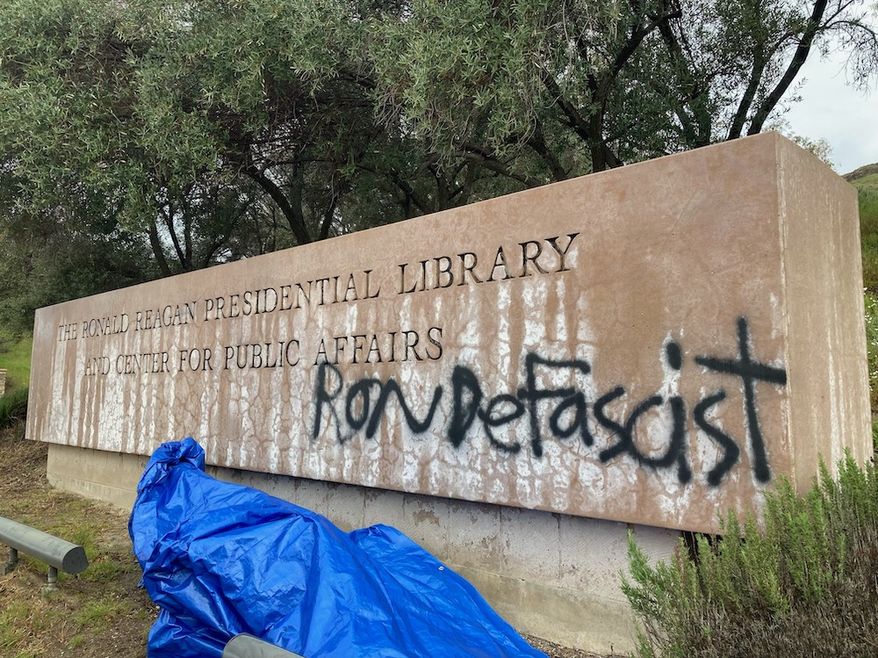 The Ronald Reagan Presidential Library and Museum in Simi Valley, California, was vandalized on Sunday, March 5, 2023, ahead of a speech by Florida Gov. Ron DeSantis with black graffiti that read, "Ron DeFascist." (Image courtesy of the Simi Valley Police Department)