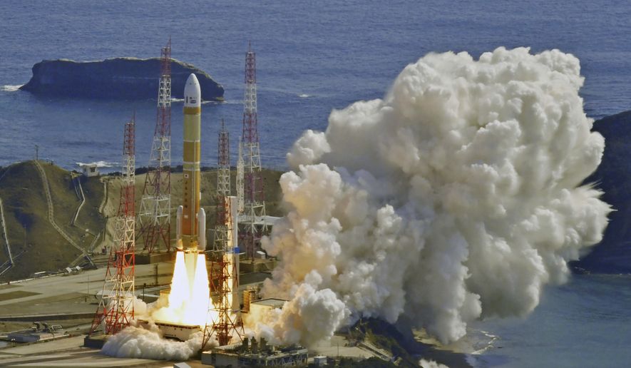 An H3 rocket lifts off from Tanegashima Space Center in Kagoshima, southern Japan Tuesday, March 7, 2023. Japan’s space agency intentionally destroyed the H3 rocket moments into its launch Tuesday after the ignition for the second stage of the country's first new rocket series in more than two decades failed. (Kyodo News via AP)