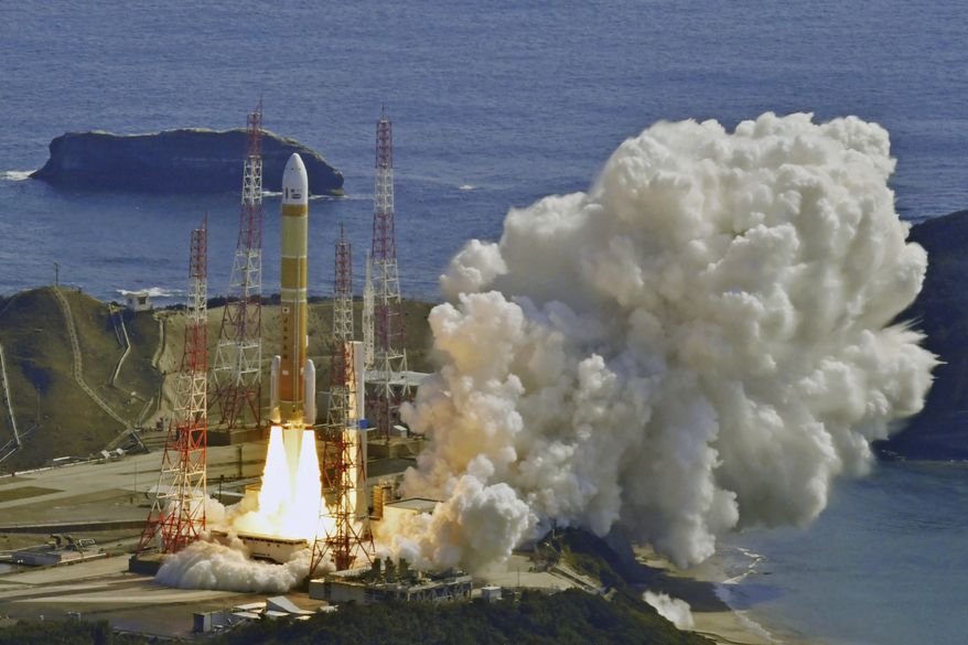 An H3 rocket lifts off from Tanegashima Space Center in Kagoshima, southern Japan Tuesday, March 7, 2023. Japan’s space agency intentionally destroyed the H3 rocket moments into its launch Tuesday after the ignition for the second stage of the country's first new rocket series in more than two decades failed. (Kyodo News via AP)