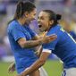 Brazil forward Debinha, left, celebrates after her goal off an assist from Marta, right, during the SheBelieves Cup women&#x27;s soccer match against Japan, Thursday, Feb. 16, 2023, in Orlando, Fla. Brazil will bid to host the 2027 Women’s World Cup, the South American nation&#x27;s sports ministry said Tuesday, March 7. The ministry said on Twitter that the country&#x27;s bid “is being constructed by the government and sports bodies,&quot; including the Brazilian soccer confederation. (AP Photo/Phelan M. Ebenhack, file)
