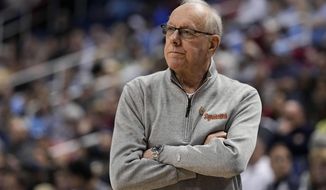 Syracuse head coach Jim Boeheim watches during their loss against Wake Forest in the second half of an NCAA college basketball game at the Atlantic Coast Conference Tournament, Wednesday, March 8, 2023, in Greensboro, N.C. (AP Photo/Chris Carlson)