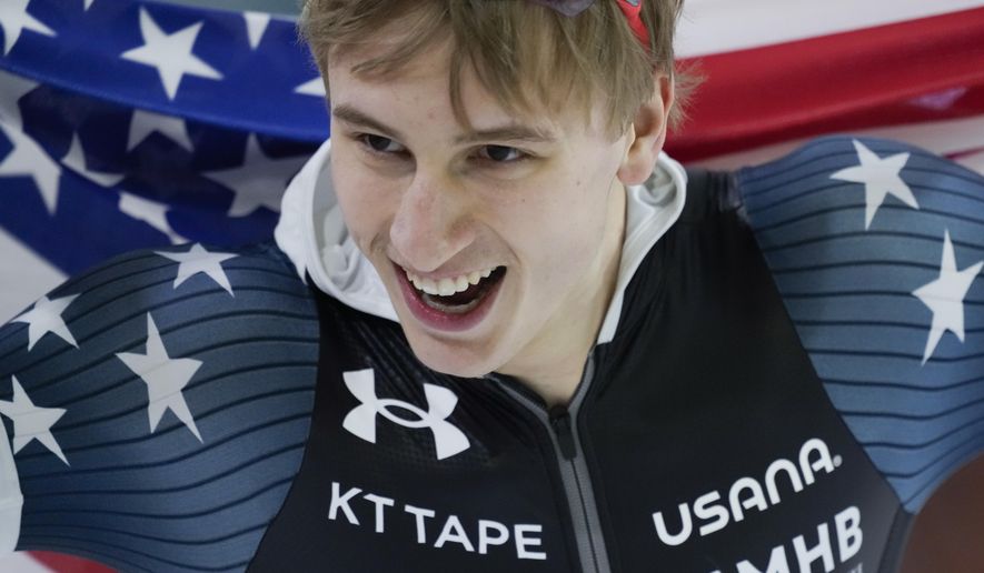 Jordan Stolz of the U.S. celebrates winning his third gold medal on the 1500m Men event of the Speedskating Single Distance World Championships at Thialf ice arena Heerenveen, Netherlands, Sunday, March 5, 2023. (AP Photo/Peter Dejong) **FILE**