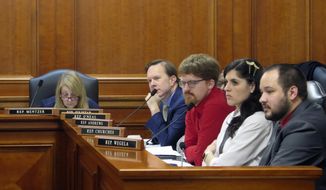 Democratic state Reps., from left, Denise Mentzer, Matt Koleszar, Joey Andrews, Jaime Churches and Dylan Wegela, listen as testimony is given during a House Labor Committee meeting, Wednesday, March 8 , 2023, in Lansing, Mich., on repealing the state&#x27;s right-to-work law and restoring prevailing wages. (AP Photo/Joey Cappelletti)