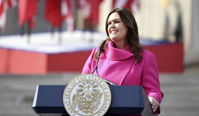 Arkansas Gov. Sarah Huckabee Sanders speaks after taking the oath of office, Jan. 10, 2023, in Little Rock, Ark. An effort to effectively reinstate Arkansas&#x27; blocked ban on gender-affirming care for minors by making it easier to sue doctors who provide such treatments was approved Wednesday, March 8, 2023, by lawmakers, and will head to Sanders&#x27; desk. (AP Photo/Will Newton, File)