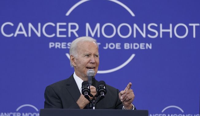 President Joe Biden speaks on the cancer moonshot initiative at the John F. Kennedy Library and Museum, Sept. 12, 2022, in Boston. Biden is requesting more than $2.8 billion in the federal budget proposal he&#x27;s sending to Congress to help advance his cancer-fighting goals. That&#x27;s according to White House officials, who shared details with The Associated Press before Biden unveils the proposal Thursday, March 9, 2023, in Philadelphia. (AP Photo/Evan Vucci, File)