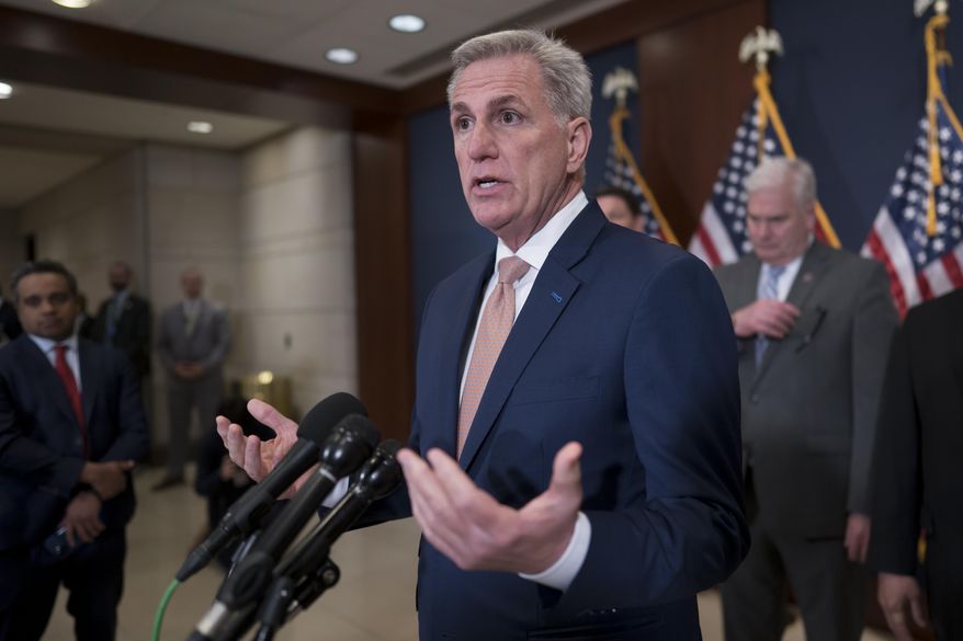 Speaker of the House Kevin McCarthy, R-Calif., and GOP leaders meet with reporters following a closed-door briefing on the budget that will be submitted by President Joe Biden, at the Capitol in Washington, Wednesday, March 8, 2023. (AP Photo/J. Scott Applewhite)